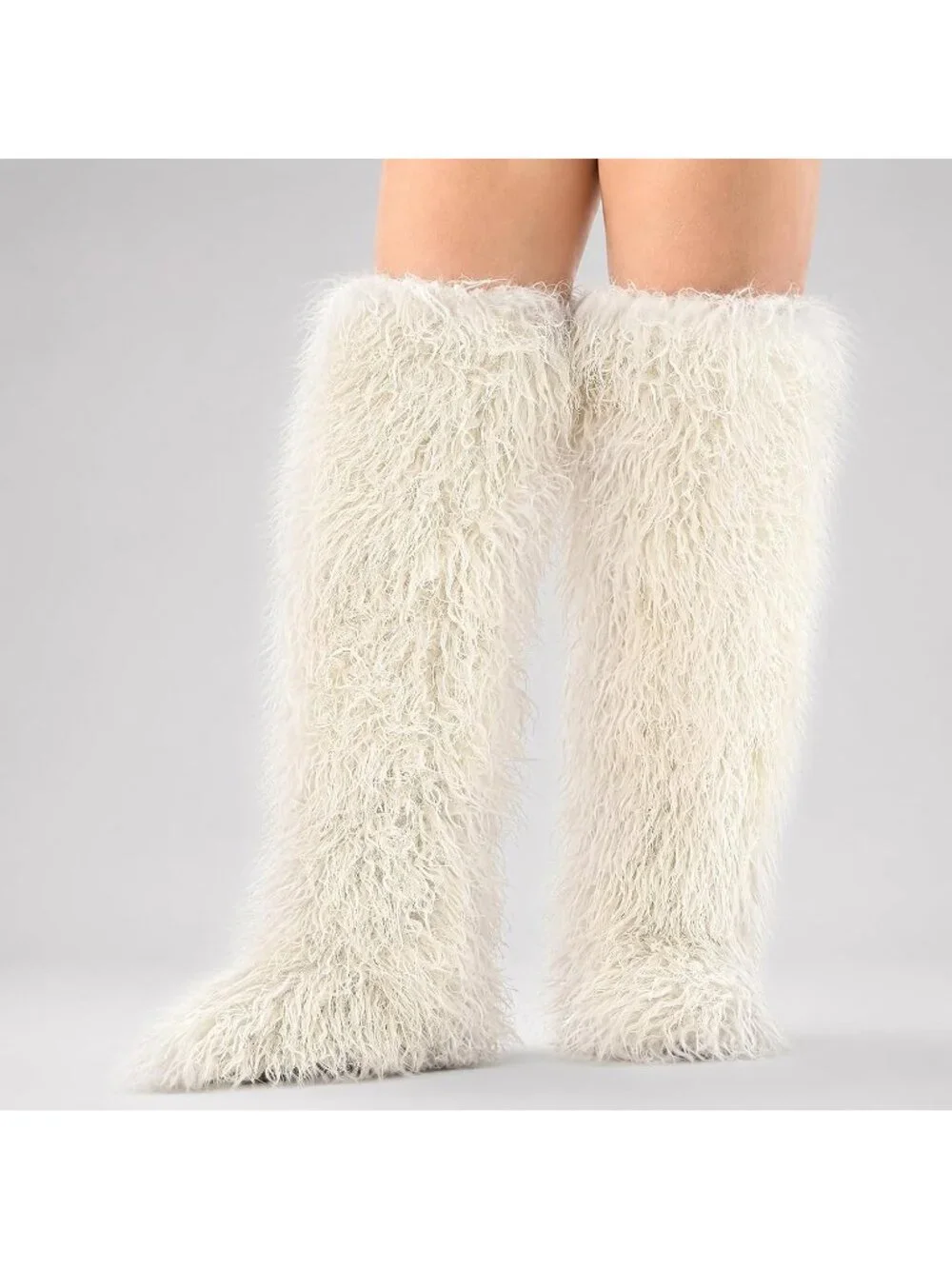 Women's Beige Faux Fur Flat Stretch Over The Knee Furry Thigh High Boots